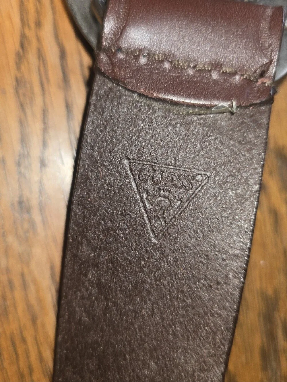 Vintage GUESS Genuine Leather Brown Belt Mother of Pearl Western Buckle Size Lg.
